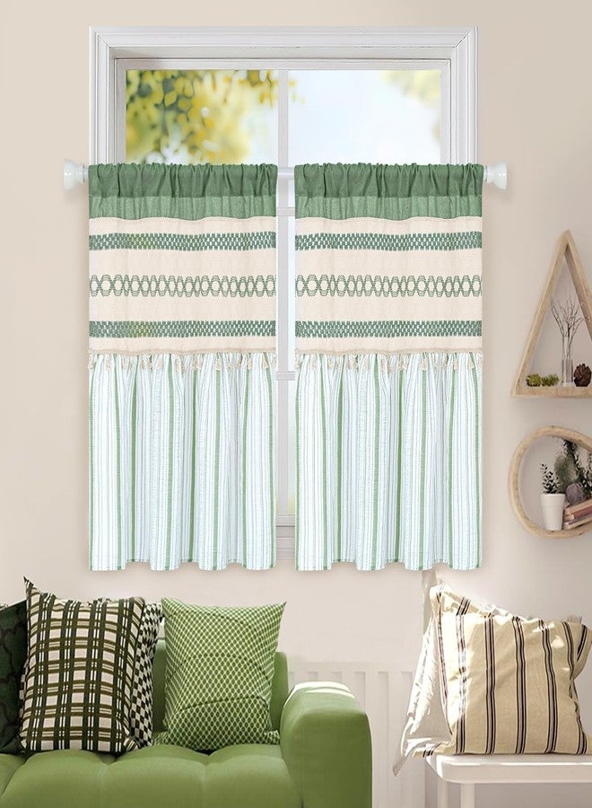 FRAMICS Farmhouse Linen Kitchen Curtains 36 Inch Length Green Striped Short Curtain for Windows Boho Crochet Small Window Curtains for Kitchen Rod Pocket Tier Curtain for Bathroom, Cafe, 2 Panels - Image 2